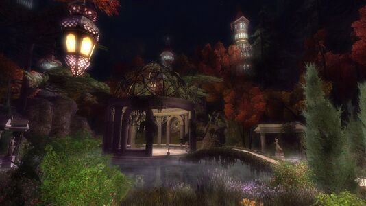 The elf-glade is brightly lit at night