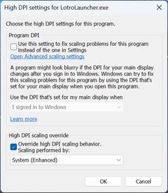 A screenshot of the Windows high DPI compatibility settings dialog for the LOTRO Launcher, with the "System (Enhanced)" override enabled.