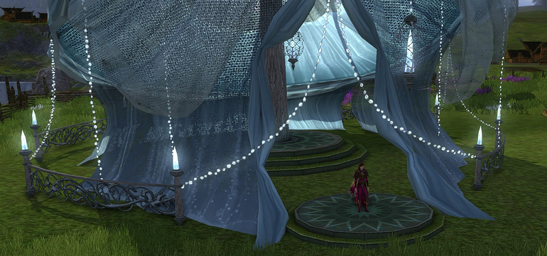 Glittering Elven Pavilion with lights on and size comparison to a human character