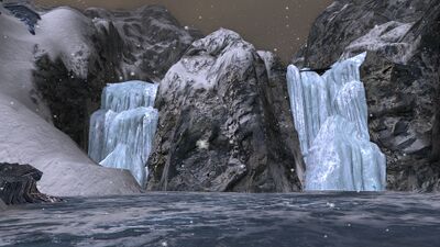 The eastern branch of the Greylin starts its flow locked in three frozen falls that enter by Thikil-gundu, the Steel Keep.