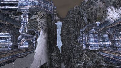 The frozen river runs off two more cliffs in the ravine underneath Thikil-gundu, locked in ice.