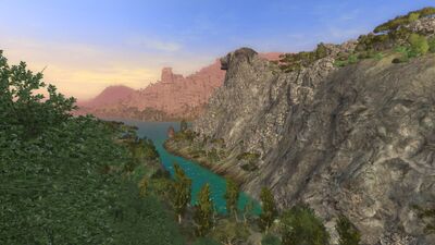 The Barûg ends its flow as it enters the much larger Ikorbân river under the gaze of the Watcher of Urmâkh.