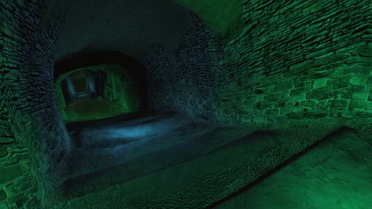 Damp stairs leading down to Thadûr's chamber